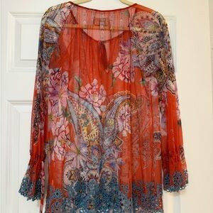 JOHNNY WAS Biya Red Paisley Mesh Blouse, Multicolor Floral, Sheer, S